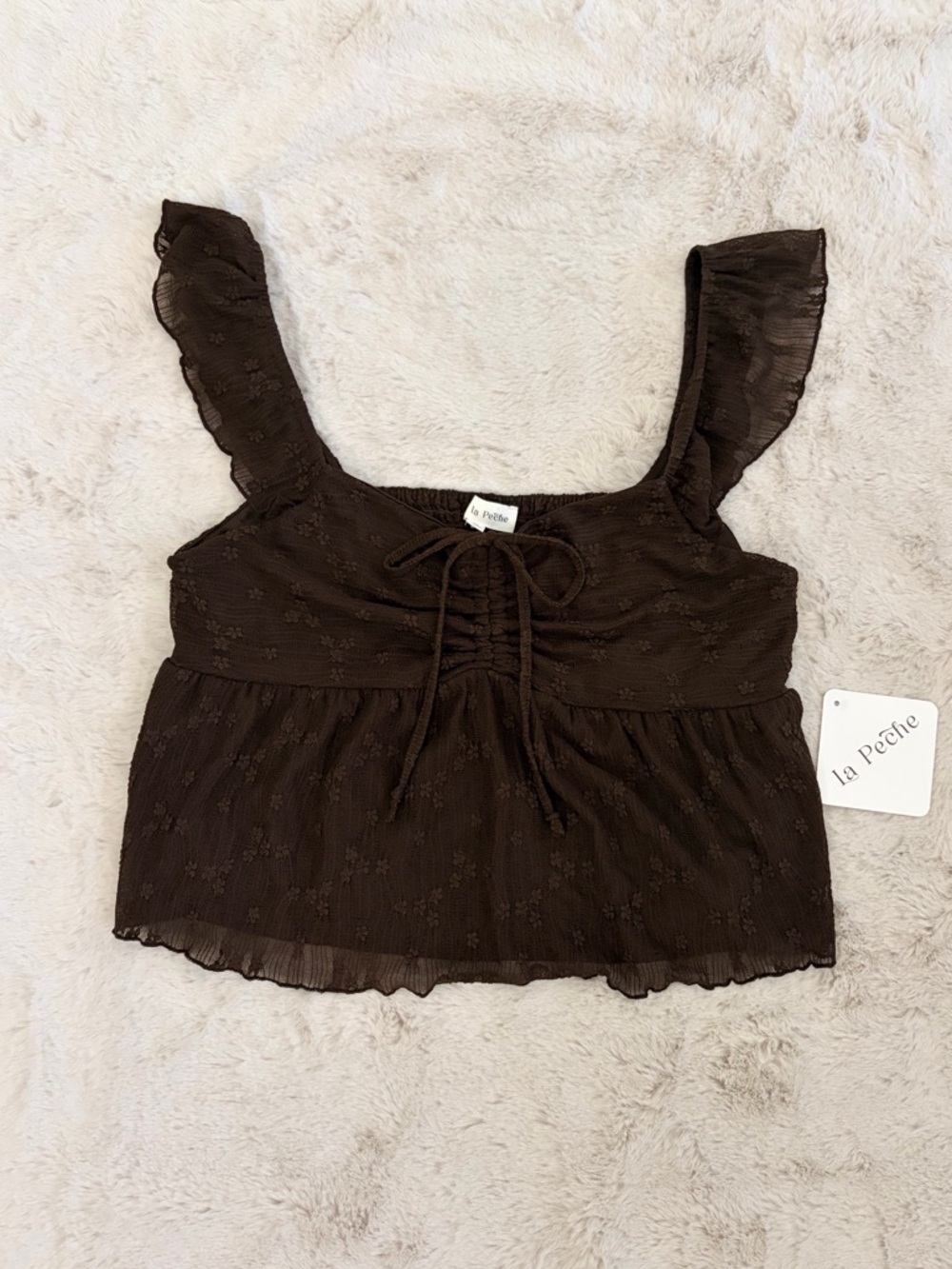 NWT La Peche Brown Floral Mesh Babydoll Ruffle Tank Top Boho Coquette XL